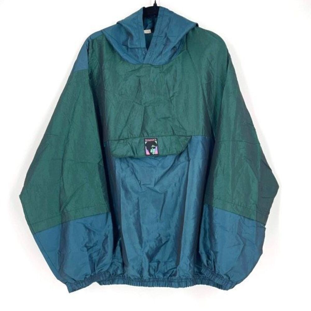 Vintage 80s Mens Colorblock Oversized Hooded Windbreaker Jacket Blue Green Large